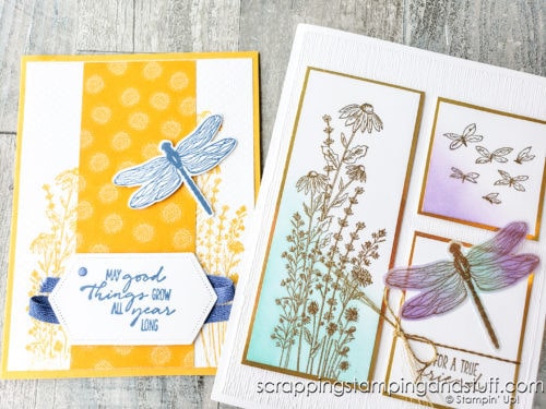 Make stunning nature cards with the beautiful Stampin Up Dragonfly Garden stamp set and punch. See nine sample cards here!