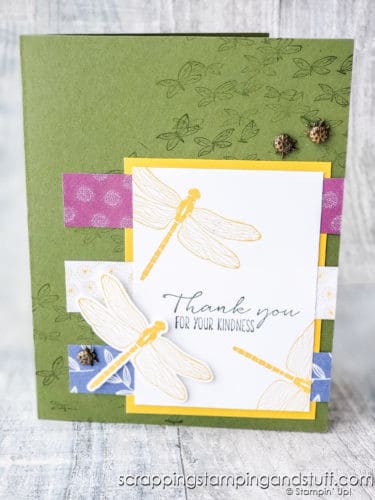 Make stunning nature cards with the beautiful Stampin Up Dragonfly Garden stamp set and punch. See nine sample cards here!