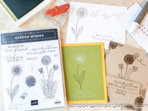 The Stampin Up Garden Wishes set includes dandelion images and pretty greetings for lovely and simple cards.