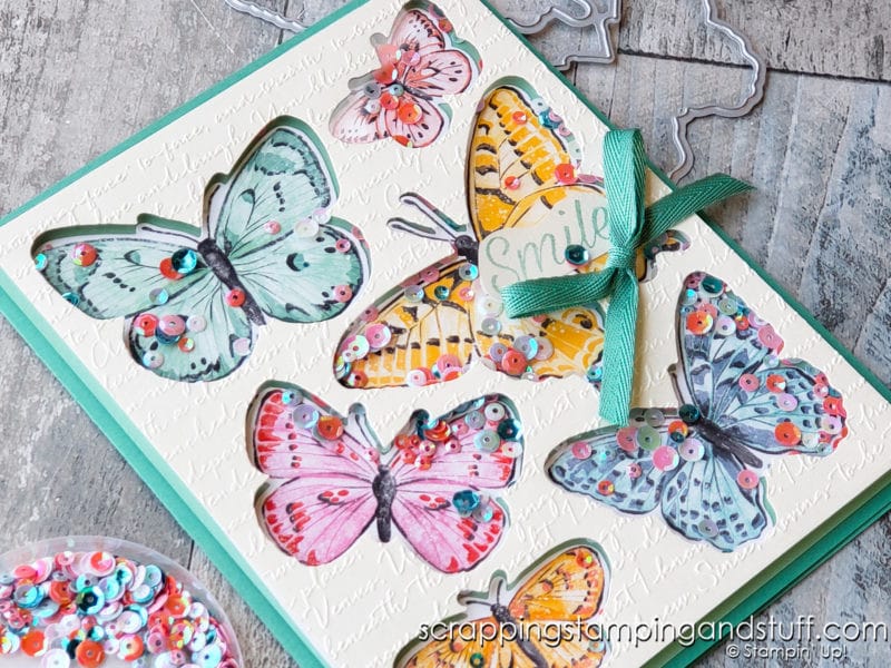 Learn to make this gorgeous butterfly shaker card using the Stampin Up Butterfly Brilliance bundle!