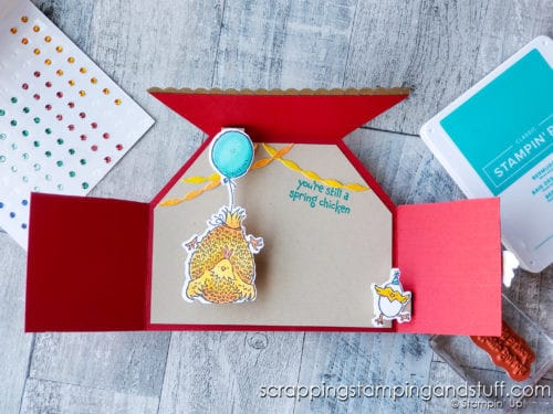 Make this hilarious hen house fun fold pop up card today with the Stampin Up Hey Birthday Chick stamp and die set!