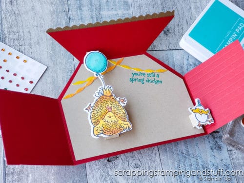 Make this hilarious hen house fun fold pop up card today with the Stampin Up Hey Birthday Chick stamp and die set!