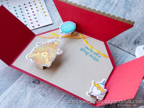 Make this hilarious hen house fun fold pop up card today with the Stampin Up Hey Birthday Chick stamp and die set!