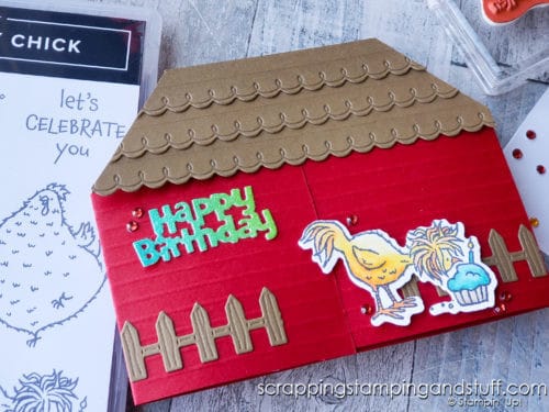 Make this hilarious hen house fun fold pop up card today with the Stampin Up Hey Birthday Chick stamp and die set!