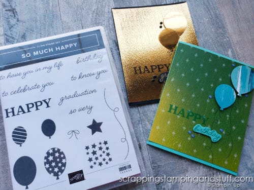 Create these beautiful congratulatory cards with Stampin Up's retiring So Much Happy stamp set and Balloon Bouquet punch.