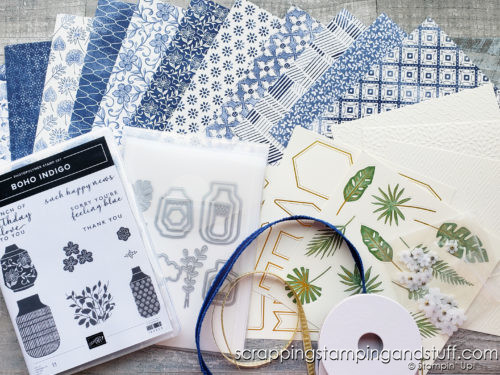 The Boho Indigo Product Medley cardmaking kit includes the paper, stamps, ink, and embellishments to make gorgeous vintage cards!