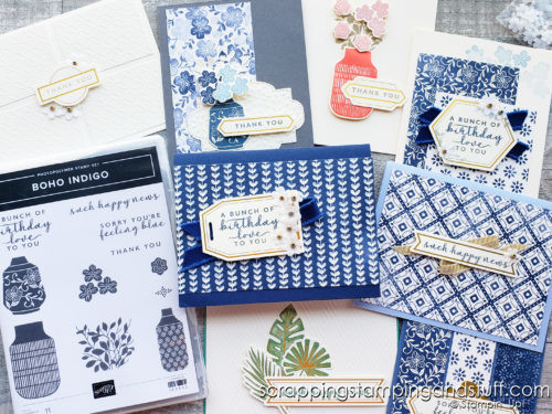 The Boho Indigo Product Medley cardmaking kit includes the paper, stamps, ink, and embellishments to make gorgeous vintage cards!