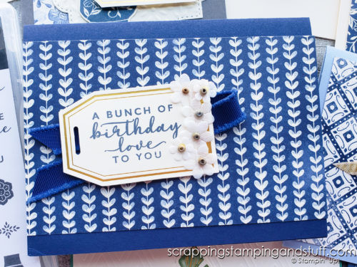 The Boho Indigo Product Medley cardmaking kit includes the paper, stamps, ink, and embellishments to make gorgeous vintage cards!