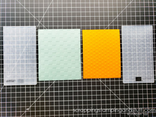 Click here to see this card making hack on how to emboss a full card front using Stampin Up's mini embossing folder!