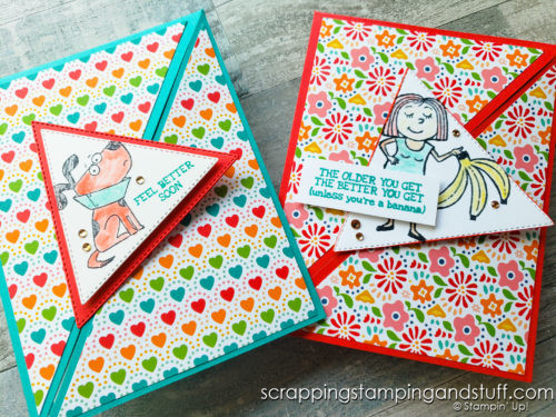 This triangle fold card design featuring the Stampin Up Bunches of Fun stamp set is so much fun, and will most definitely make your loved ones smile!