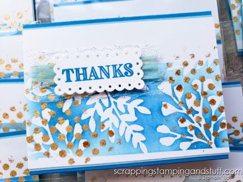 Take a look at this beautiful card project, full of techniques including masking, blending, and applying gilded leafing!