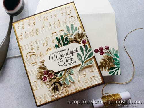 Make this vintage Christmas card highlighting the Stampin Up Christmas Season stamp set, pinecones, and background music.