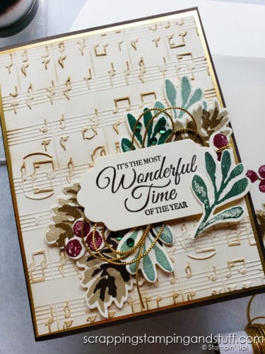 Make this vintage Christmas card highlighting the Stampin Up Christmas Season stamp set, pinecones, and background music.