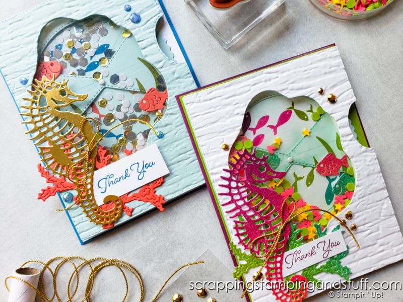 This spinner shaker card is so much fun! Made with Stampin Up's Seascape Bundle, turn the wheel to see the fish swim. Make it today!