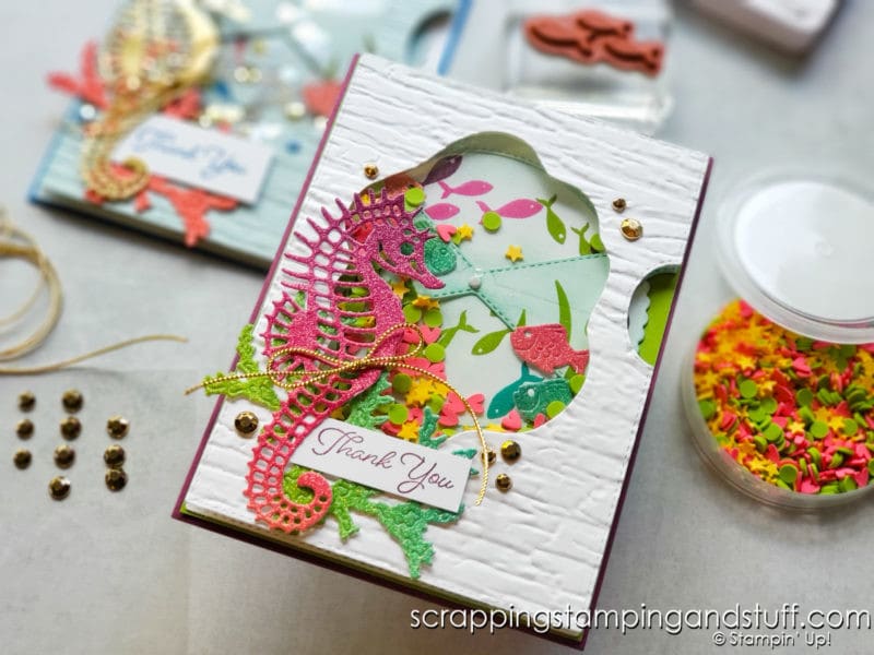 This spinner shaker card is so much fun! Made with Stampin Up's Seascape Bundle, turn the wheel to see the fish swim. Make it today!