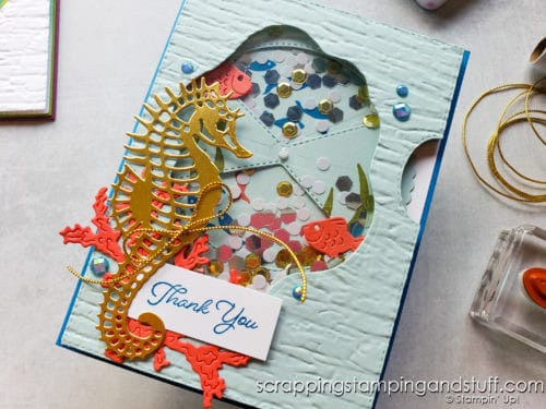 This spinner shaker card is so much fun! Made with Stampin Up's Seascape Bundle, turn the wheel to see the fish swim. Make it today!