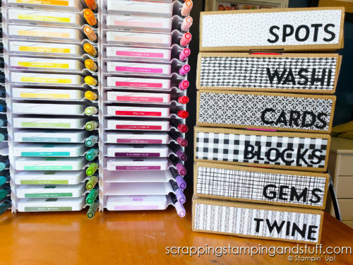 Do you love an organized craft area? Check out this idea for using Stampin Up kit and Paper Pumpkin boxes for inexpensive storage options!