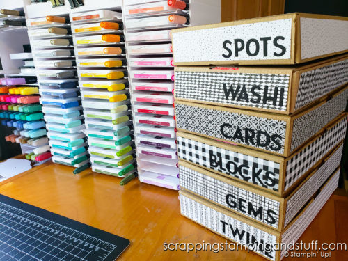 Do you love an organized craft area? Check out this idea for using Stampin Up kit and Paper Pumpkin boxes for inexpensive storage options!