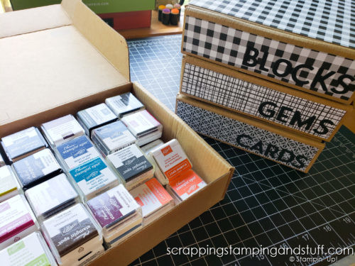 Do you love an organized craft area? Check out this idea for using Stampin Up kit and Paper Pumpkin boxes for inexpensive storage options!