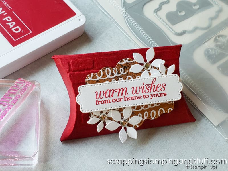 Make this adorable pillow box, treat holder, party favor, wedding favor, or stocking stuffer with the Stampin Up Pretty Pillow Box dies.
