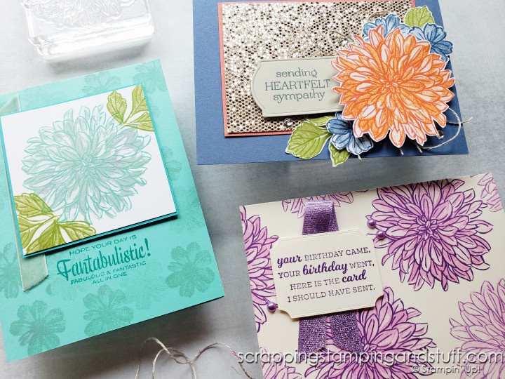 See three ways to create beautiful dahlia cards using the Stampin Up Delicate Dahlias stamp set! Plus details on Sale-a-braiton and Holiday Catalog ordering!