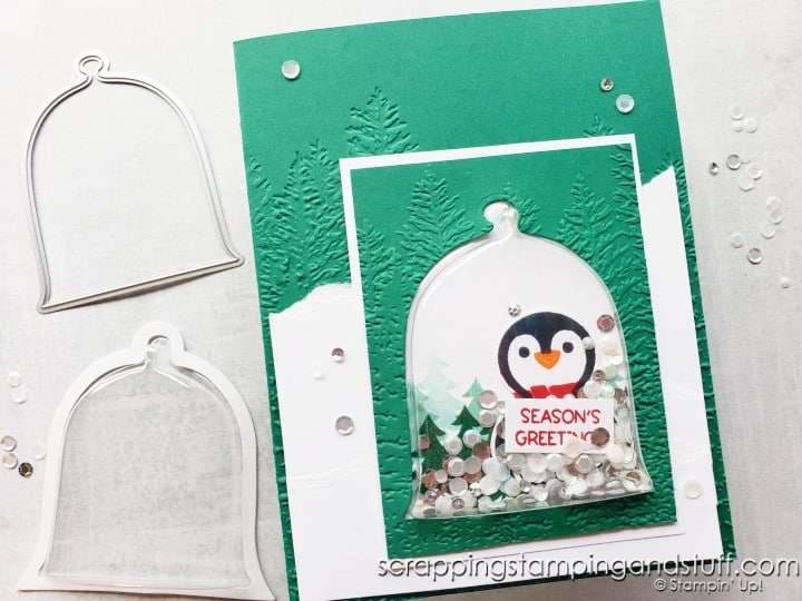 Make this adorable penguin shaker dome card today using the Stampin Up Cloche Dies & Cloche Shaker Domes!