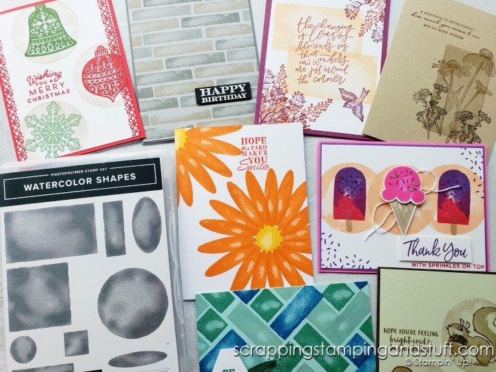 Make these quick and easy one-layer cards today using the Stampin Up Watercolor Shapes stamp set!