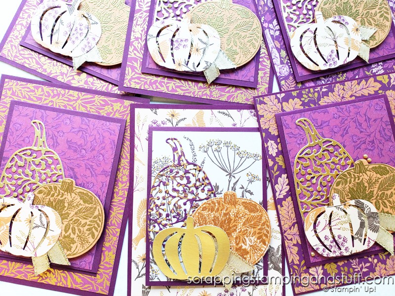 Click for the tutorial for this elegant pumpkin joy fold card featuring the Stampin Up Pretty Pumpkins bundle.