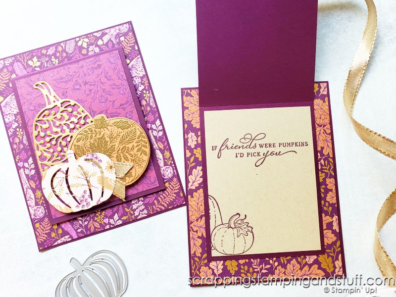 Click for the tutorial for this elegant pumpkin joy fold card featuring the Stampin Up Pretty Pumpkins bundle.