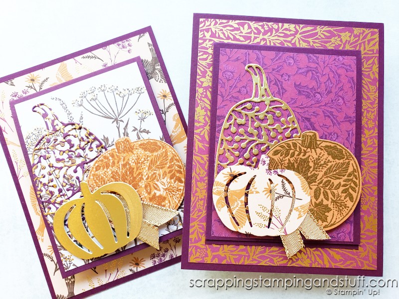 Click for the tutorial for this elegant pumpkin joy fold card featuring the Stampin Up Pretty Pumpkins bundle.
