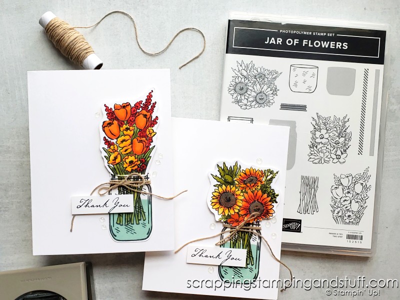 Take a look at these alcohol marker blending techniques for making clean and simple handmade cards using the Stampin Up Jar of Flowers stamp set.