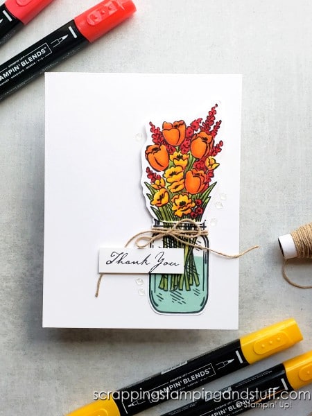 Take a look at these alcohol marker blending techniques for making clean and simple handmade cards using the Stampin Up Jar of Flowers stamp set.