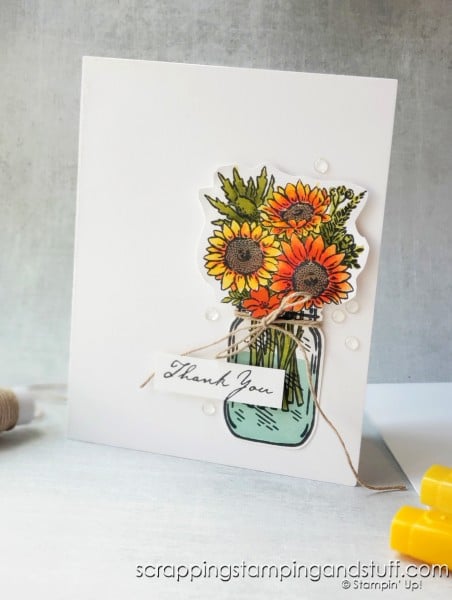 Take a look at these alcohol marker blending techniques for making clean and simple handmade cards using the Stampin Up Jar of Flowers stamp set.