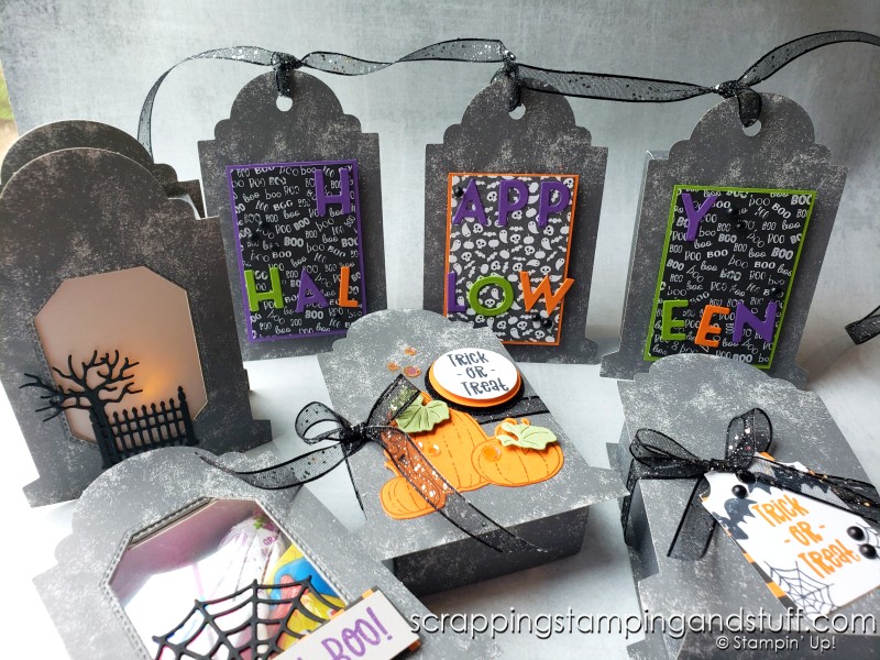 Stampin Up Gravestone Boxes are the best for easy Halloween treats and decorations - click here to see 5 ways to use them!