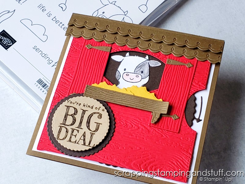 Click here to make this spinning farm animal birthday card using the Stampin Up Peekaboo Farm stamps and Give It A Whirl dies!