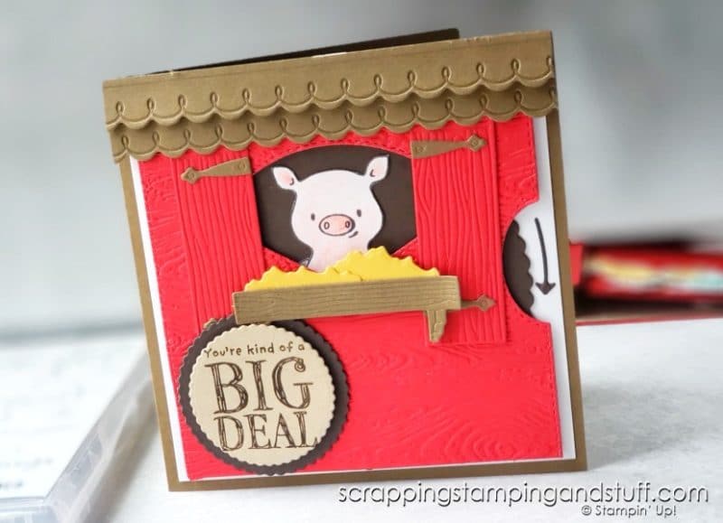Click here to make this spinning farm animal birthday card using the Stampin Up Peekaboo Farm stamps and Give It A Whirl dies!