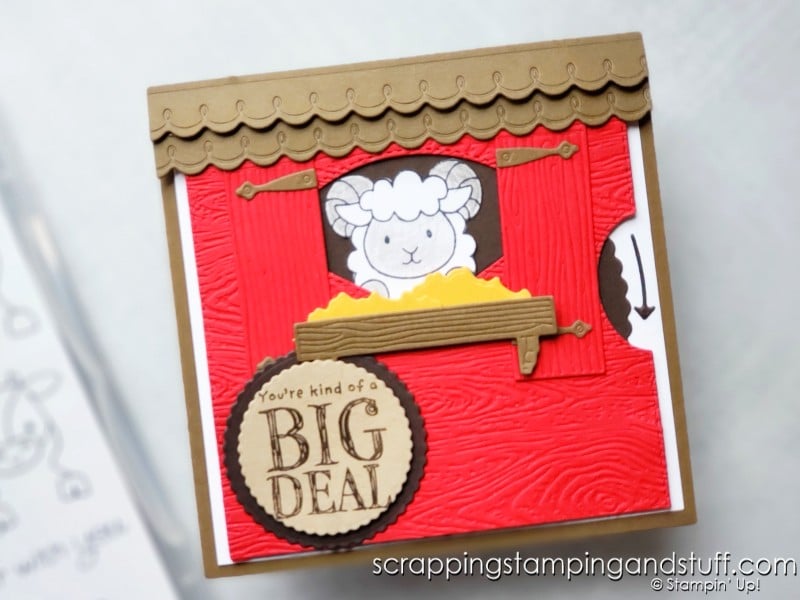 Click here to make this spinning farm animal birthday card using the Stampin Up Peekaboo Farm stamps and Give It A Whirl dies!