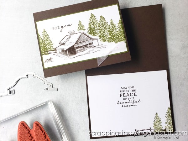 This peaceful Christmas card is easy to duplicate with this handy masking technique - made with the Stampin Up Peaceful Cabin stamp.