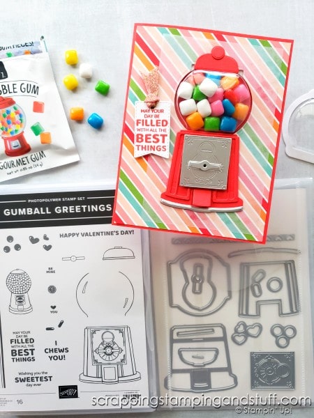 Take a look at this adorable gumball machine shaker card, made using the Stampin Up Gumball Greetings stamp set. Includes a special trick to open on the back side!