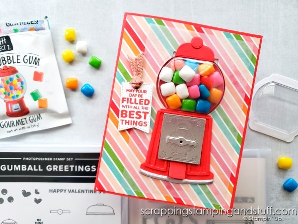 Take a look at this adorable gumball machine shaker card, made using the Stampin Up Gumball Greetings stamp set. Includes a special trick to open on the back side!