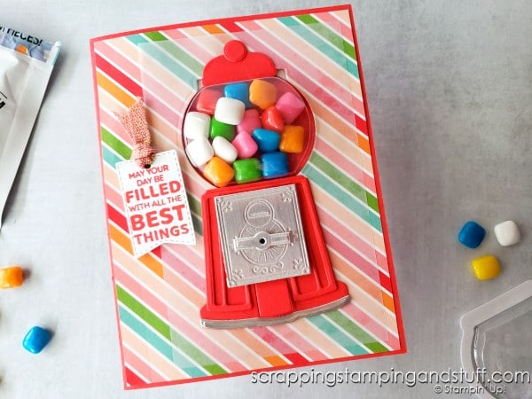 Take a look at this adorable gumball machine shaker card, made using the Stampin Up Gumball Greetings stamp set. Includes a special trick to open on the back side!