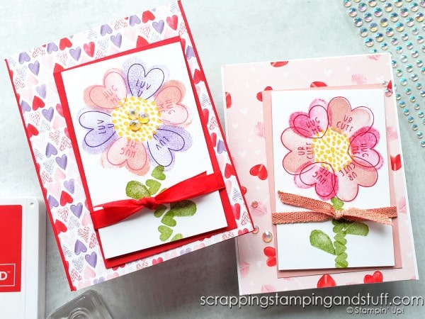 Turn your heart stamps into flowers using this simple technique! Sample shows the Stampin Up Sweet Conversations stamp set.