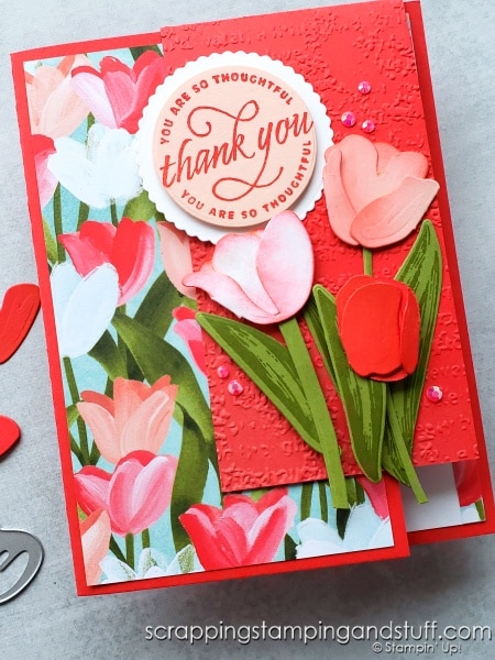 See a gorgeous fun fold card made with the Stampin Up Flowering Tulips bundle and also learn how to assemble the Stampin Up Tulips dies!