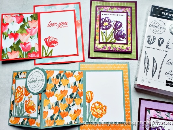 Try this gorgeous but simple fun fold card design today! My samples feature the Stampin' Up Flowering Tulips Stamp Set