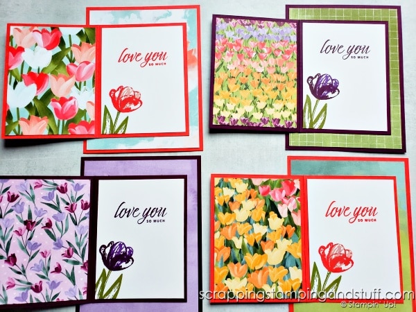 Try this gorgeous but simple fun fold card design today! My samples feature the Stampin' Up Flowering Tulips Stamp Set