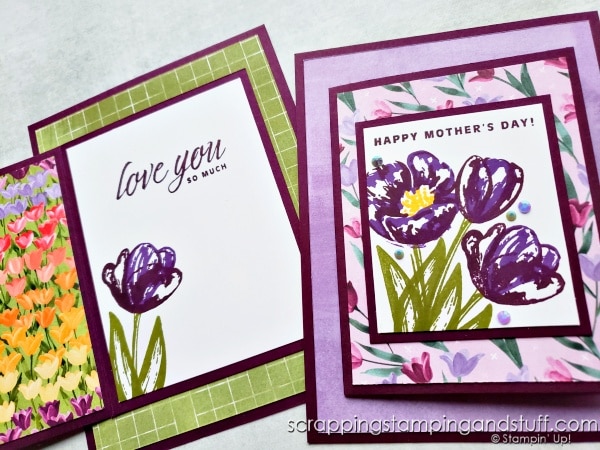 Try this gorgeous but simple fun fold card design today! My samples feature the Stampin' Up Flowering Tulips Stamp Set
