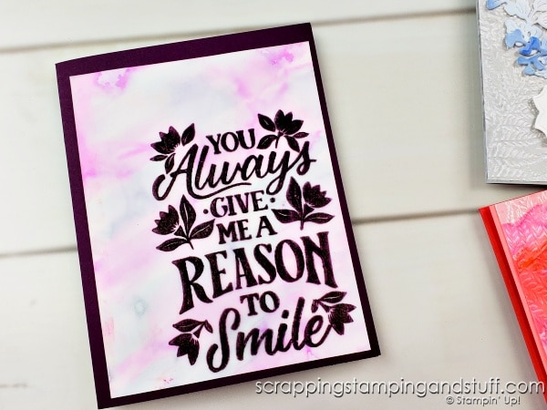 See 10 Ways to use alcohol marker backgrounds on your card projects! Using Stampin Up Nature's Moments and Reasons To Smile stamp sets.