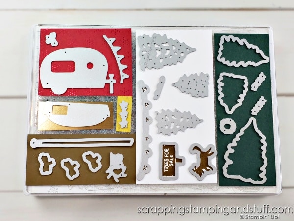 Save time die cutting - crank once and make 7 cards with the Stampin Up Trees For Sale stamp set and Tree Lot dies!