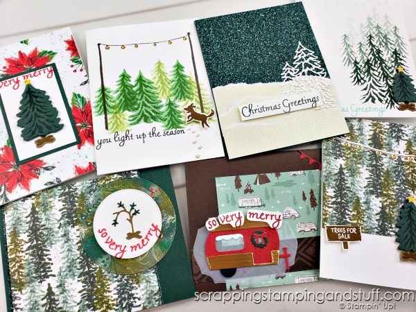 Save time die cutting - crank once and make 7 cards with the Stampin Up Trees For Sale stamp set and Tree Lot dies!