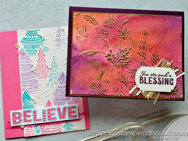 Try these fun embossing folder techniques using the Stampin Up Whimsical Woodland and Leaf Fall embossing folders!